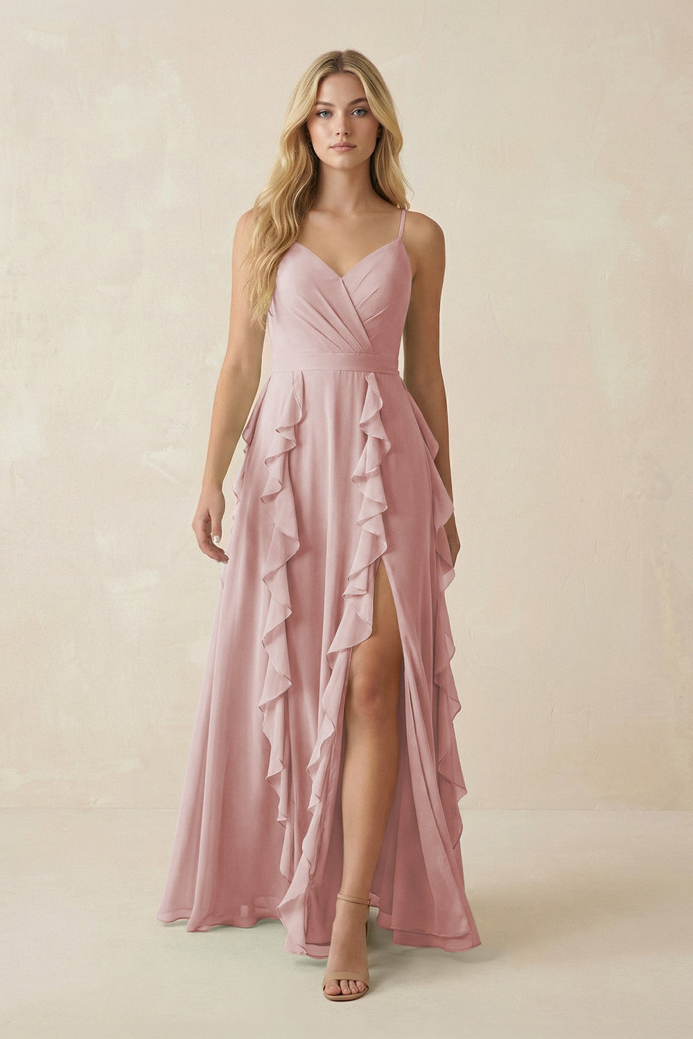 Tiered Ruffle A - Line Chiffon Bridesmaid Dress in Dusty Rose - KissProm Bridesmaid Dresses