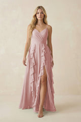 Tiered Ruffle A - Line Chiffon Bridesmaid Dress in Dusty Rose - KissProm Bridesmaid Dresses