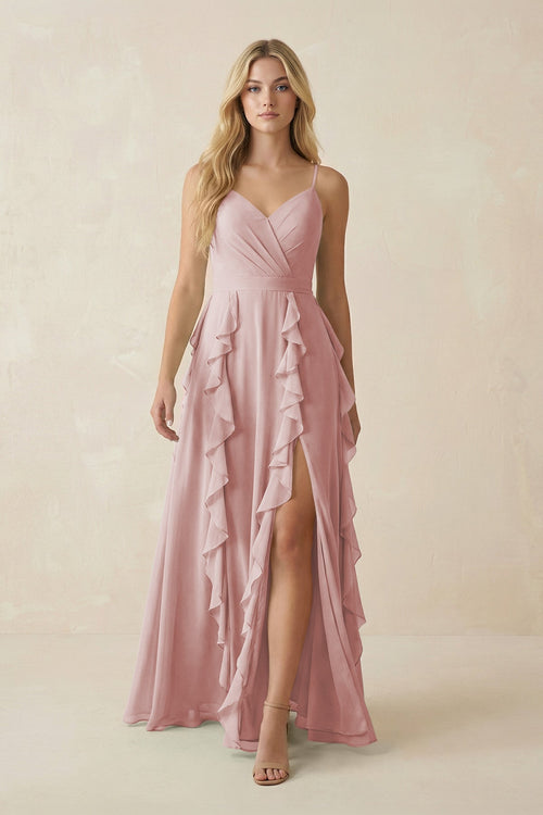 Tiered Ruffle A - Line Chiffon Bridesmaid Dress in Dusty Rose - KissProm Bridesmaid Dresses