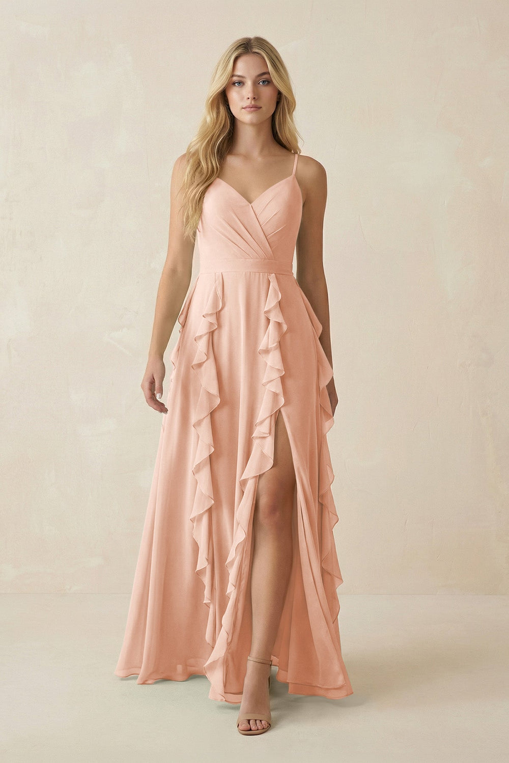 Tiered Ruffle A - Line Chiffon Bridesmaid Dress in English Rose - KissProm Bridesmaid Dresses