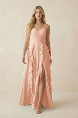 Tiered Ruffle A - Line Chiffon Bridesmaid Dress in English Rose - KissProm Bridesmaid Dresses