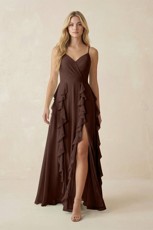 Tiered Ruffle A - Line Chiffon Bridesmaid Dress in Espresso - KissProm Bridesmaid Dresses