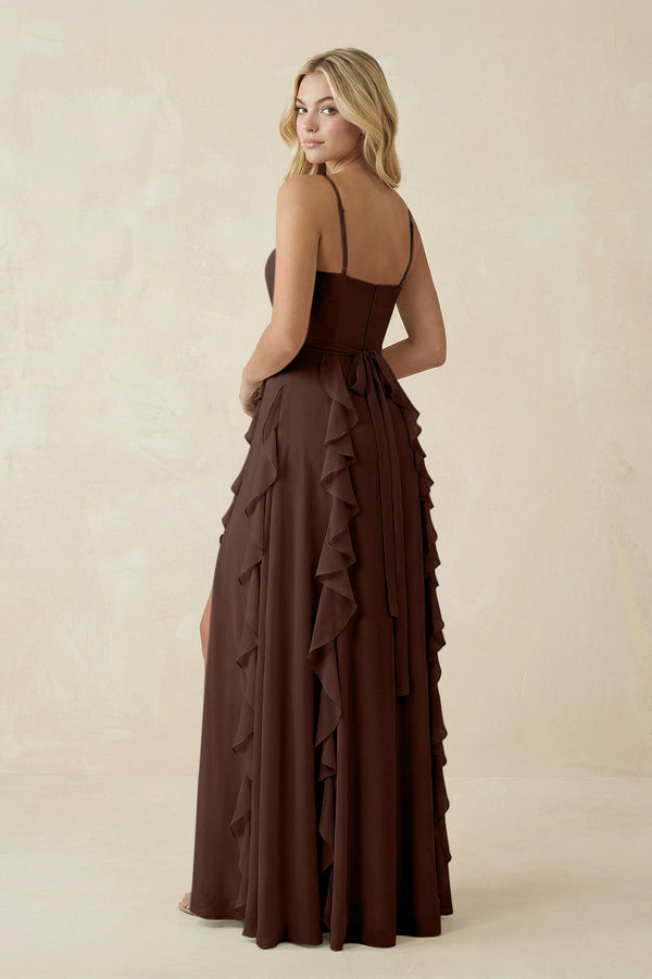 KissProm Tiered Ruffle A-Line Chiffon Bridesmaid Dress in Espresso, Espresso / 12