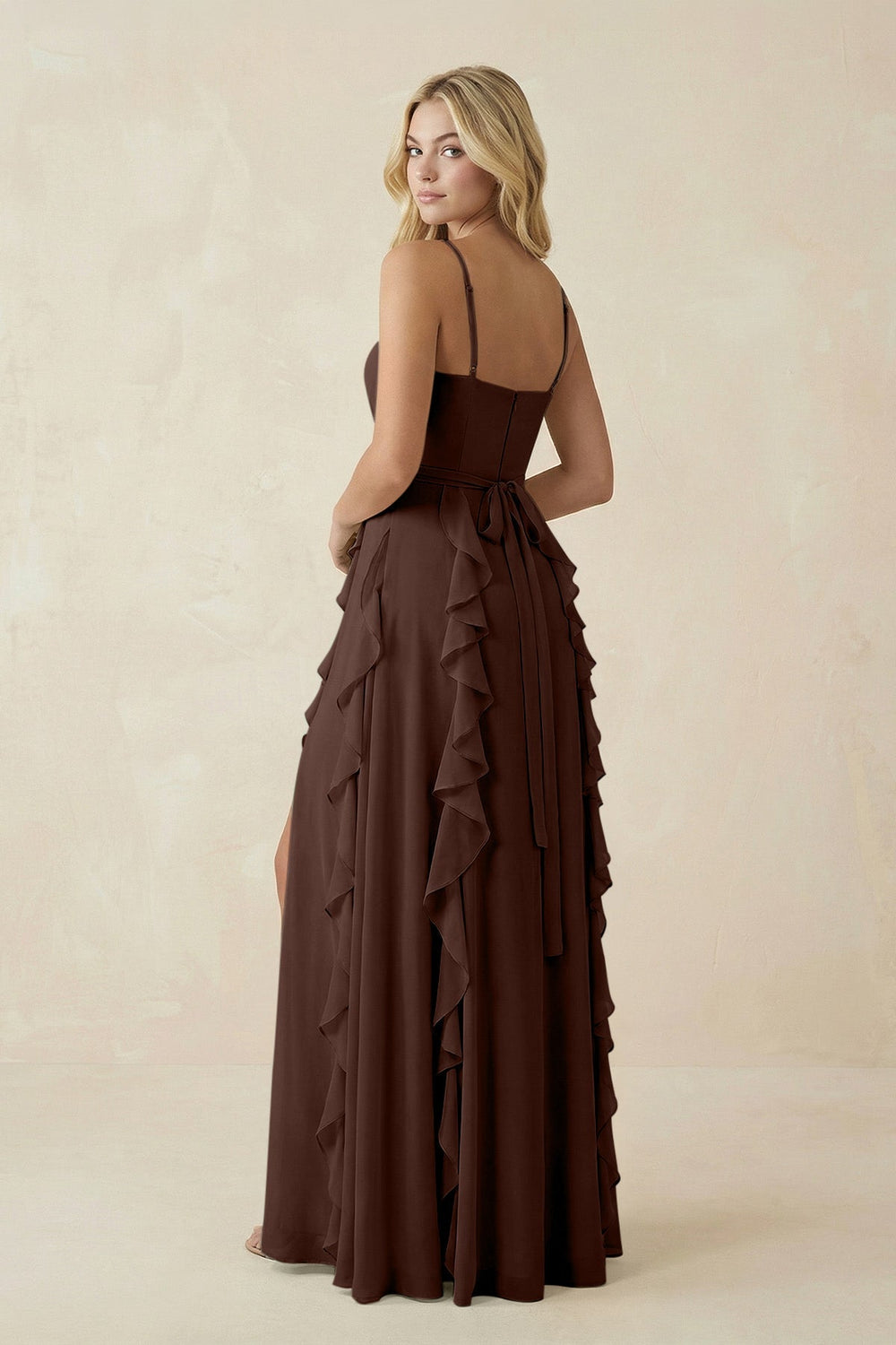 Tiered Ruffle A - Line Chiffon Bridesmaid Dress in Espresso - KissProm Bridesmaid Dresses