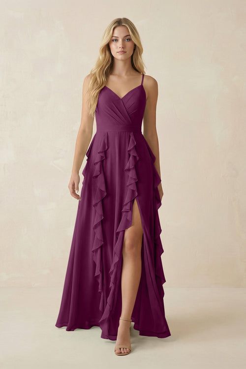 Tiered Ruffle A - Line Chiffon Bridesmaid Dress in Fig - KissProm Bridesmaid Dresses