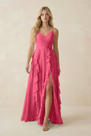 Tiered Ruffle A - Line Chiffon Bridesmaid Dress in Fuchsia - KissProm Bridesmaid Dresses