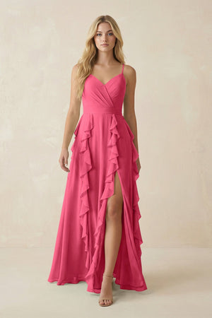 Tiered Ruffle A - Line Chiffon Bridesmaid Dress in Fuchsia - KissProm Bridesmaid Dresses