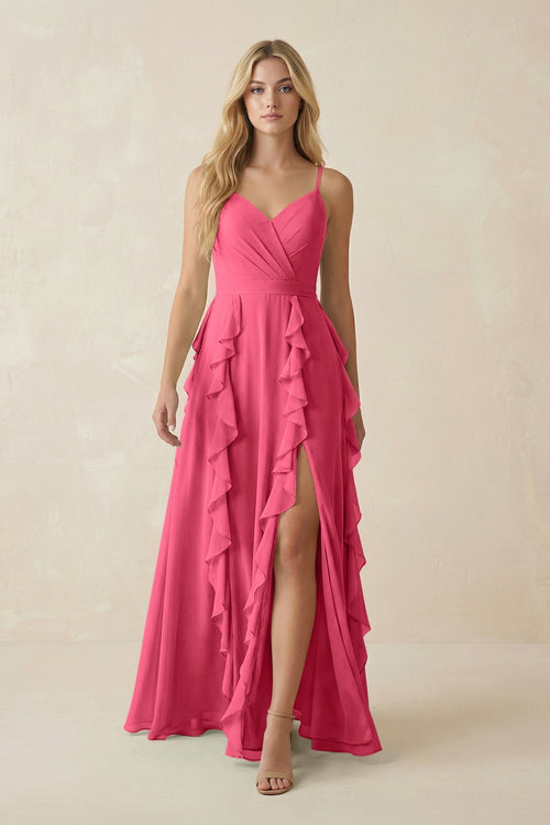 Tiered Ruffle A - Line Chiffon Bridesmaid Dress in Fuchsia - KissProm Bridesmaid Dresses