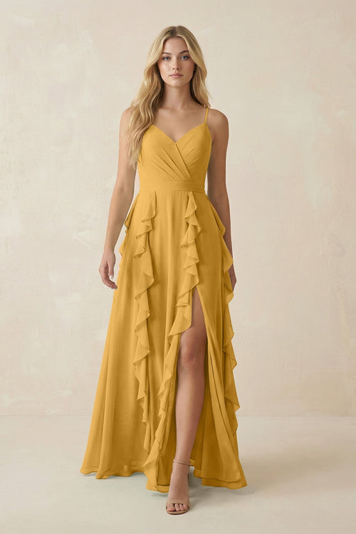 Tiered Ruffle A - Line Chiffon Bridesmaid Dress in Marigold - KissProm Bridesmaid Dresses