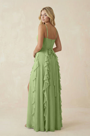 Tiered Ruffle A - Line Chiffon Bridesmaid Dress in Matcha - KissProm Bridesmaid Dresses