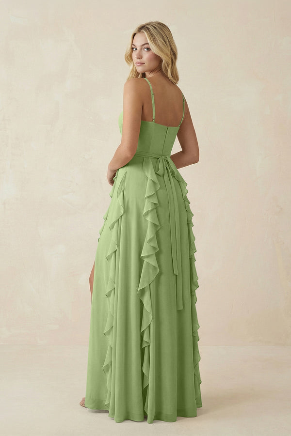 Tiered Ruffle A - Line Chiffon Bridesmaid Dress in Matcha - KissProm Bridesmaid Dresses