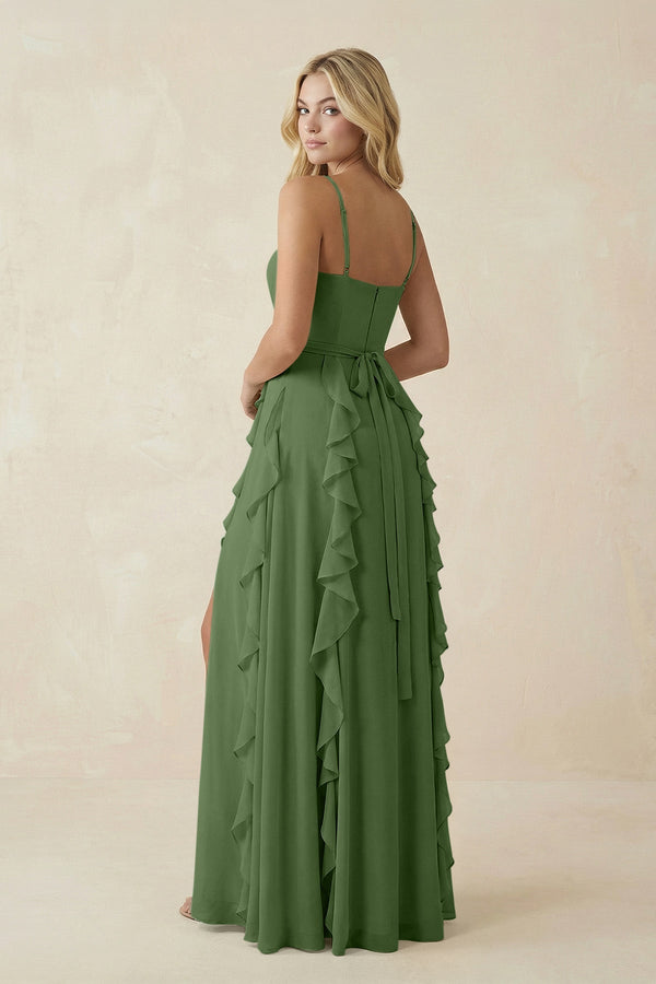 Tiered Ruffle A - Line Chiffon Bridesmaid Dress in Moss - KissProm Bridesmaid Dresses