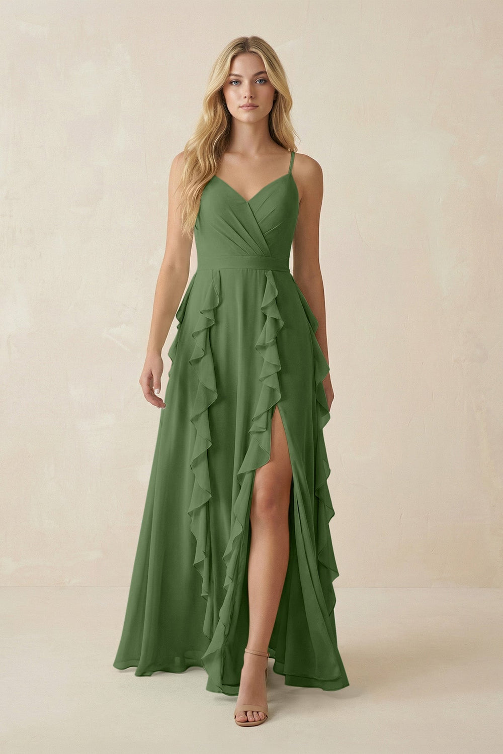 Tiered Ruffle A - Line Chiffon Bridesmaid Dress in Moss - KissProm Bridesmaid Dresses