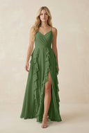 Tiered Ruffle A - Line Chiffon Bridesmaid Dress in Moss - KissProm Bridesmaid Dresses
