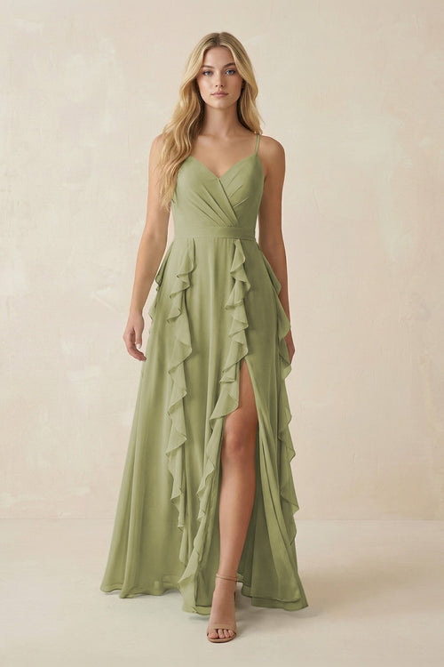 KissProm Tiered Ruffle A-Line Chiffon Bridesmaid Dress in Moss Green, Moss Green / 2