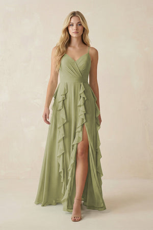 Tiered Ruffle A - Line Chiffon Bridesmaid Dress in Moss Green - KissProm Bridesmaid Dresses