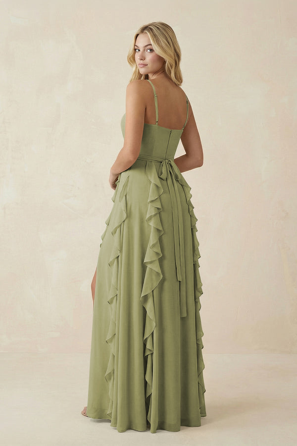 Tiered Ruffle A - Line Chiffon Bridesmaid Dress in Moss Green - KissProm Bridesmaid Dresses