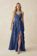 Tiered Ruffle A - Line Chiffon Bridesmaid Dress in Navy - KissProm Bridesmaid Dresses