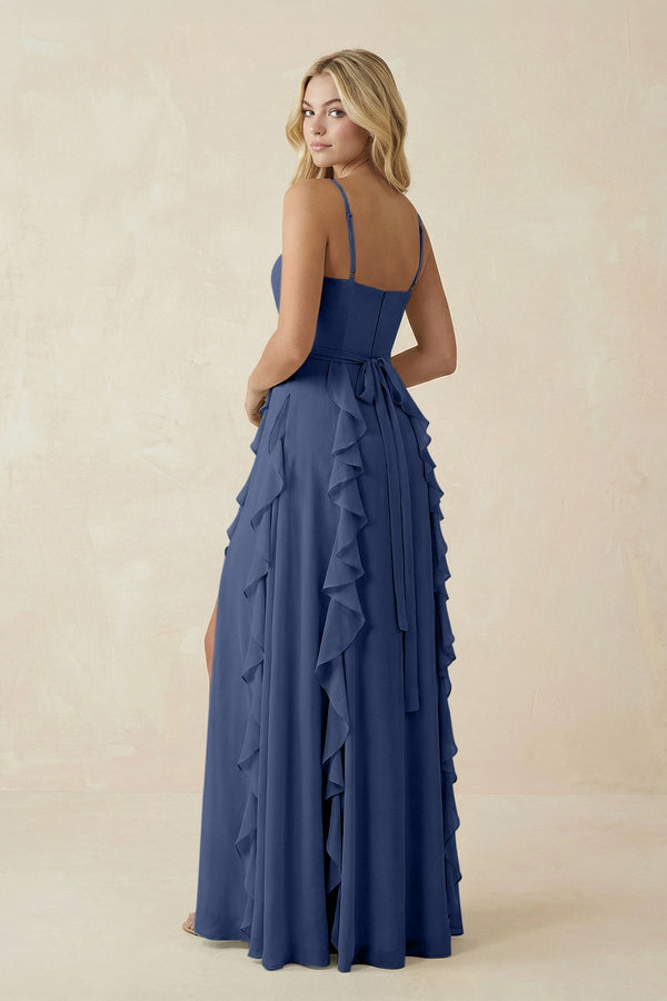 Tiered Ruffle A - Line Chiffon Bridesmaid Dress in Navy - KissProm Bridesmaid Dresses