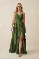 Tiered Ruffle A - Line Chiffon Bridesmaid Dress in Olive - KissProm Bridesmaid Dresses