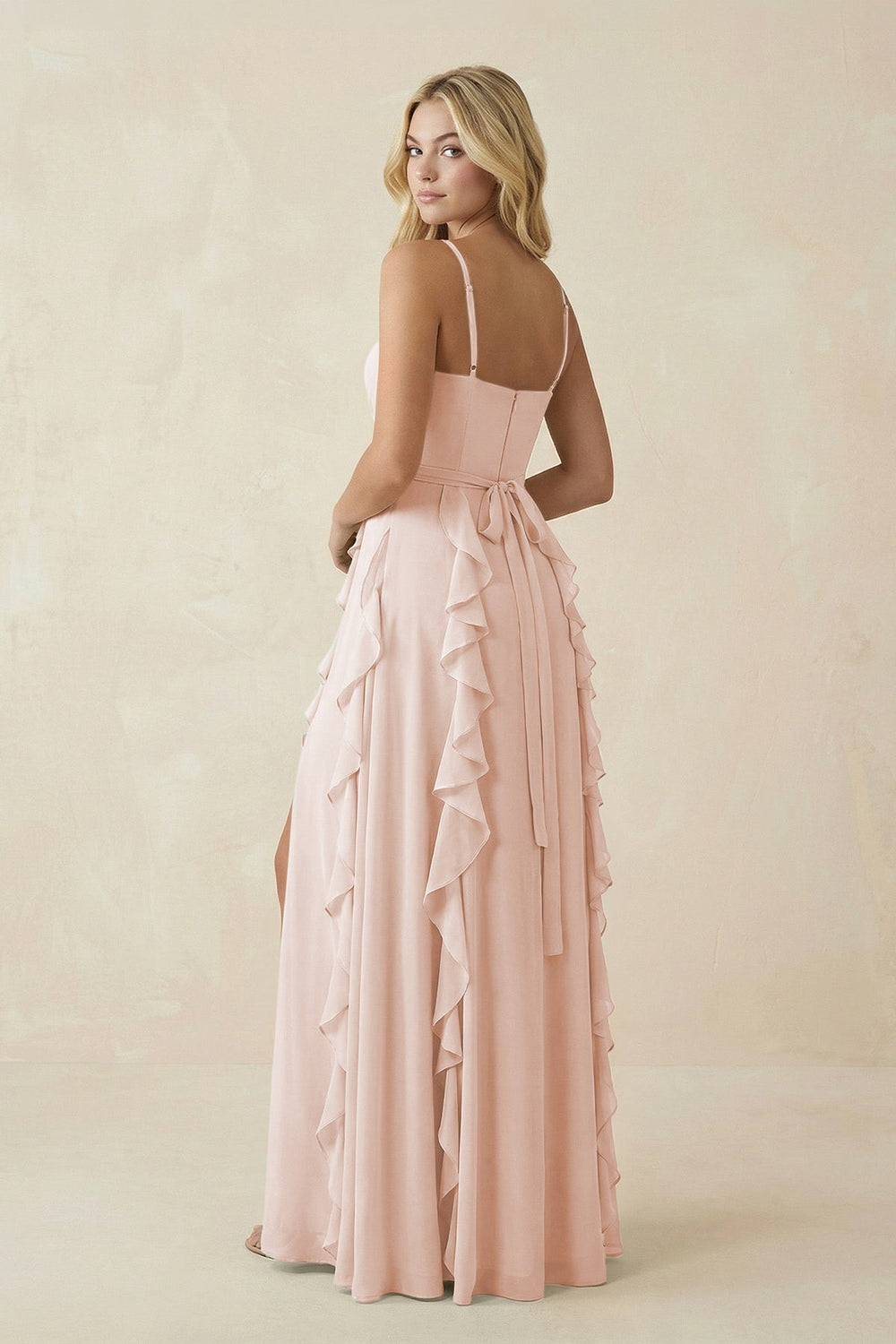 Tiered Ruffle A - Line Chiffon Bridesmaid Dress in Pale Blush - KissProm Bridesmaid Dresses