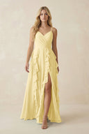 Tiered Ruffle A - Line Chiffon Bridesmaid Dress in Pastel Yellow - KissProm Bridesmaid Dresses