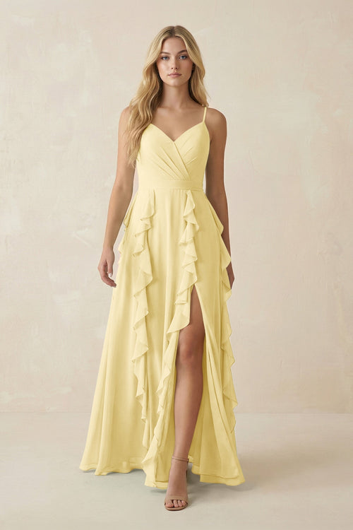 Tiered Ruffle A - Line Chiffon Bridesmaid Dress in Pastel Yellow - KissProm Bridesmaid Dresses