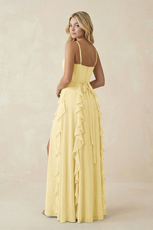 Tiered Ruffle A - Line Chiffon Bridesmaid Dress in Pastel Yellow - KissProm Bridesmaid Dresses