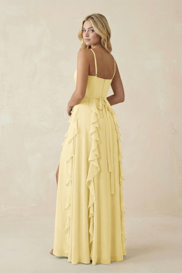 Tiered Ruffle A - Line Chiffon Bridesmaid Dress in Pastel Yellow - KissProm Bridesmaid Dresses