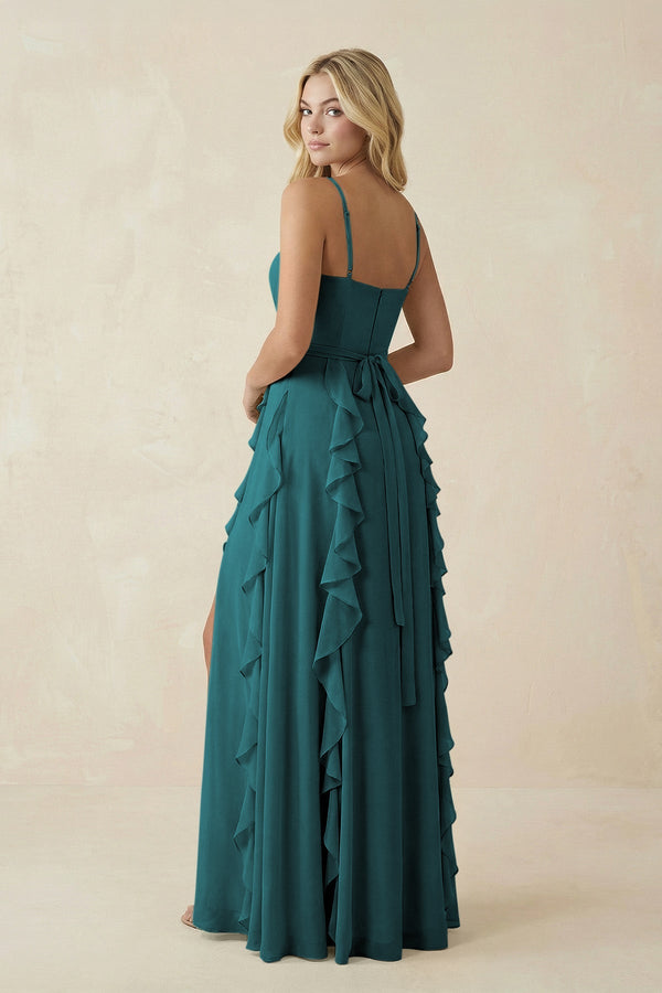 KissProm Tiered Ruffle A-Line Chiffon Bridesmaid Dress in Pine, Pine / 24