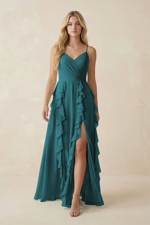 KissProm Tiered Ruffle A-Line Chiffon Bridesmaid Dress in Pine, Pine / 24