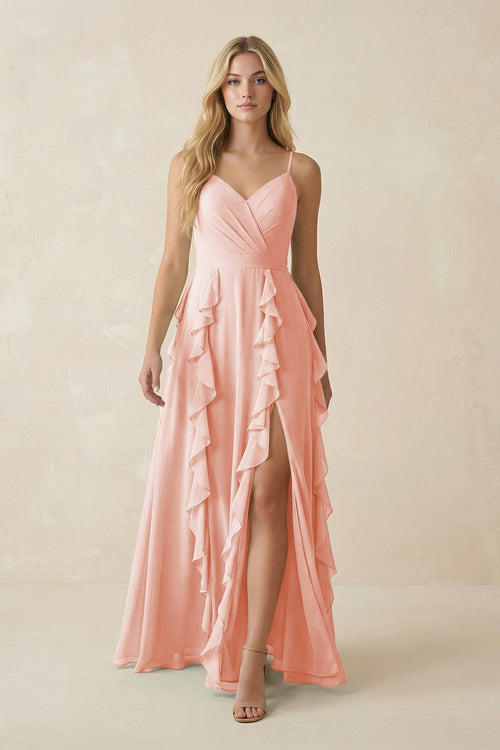 Tiered Ruffle A - Line Chiffon Bridesmaid Dress in Rose Petal - KissProm Bridesmaid Dresses