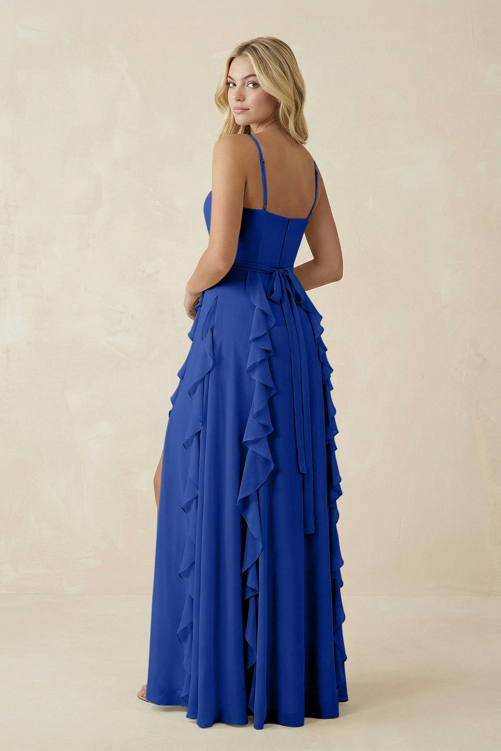 Tiered Ruffle A - Line Chiffon Bridesmaid Dress in Royal Blue - KissProm Bridesmaid Dresses