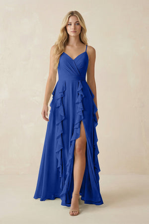 Tiered Ruffle A - Line Chiffon Bridesmaid Dress in Royal Blue - KissProm Bridesmaid Dresses
