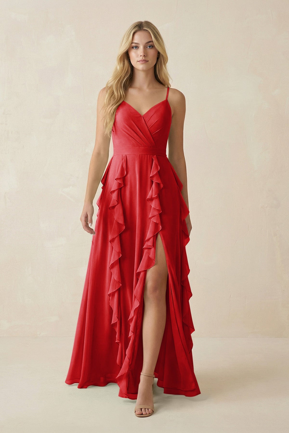 Tiered Ruffle A - Line Chiffon Bridesmaid Dress in Ruby Red - KissProm Bridesmaid Dresses