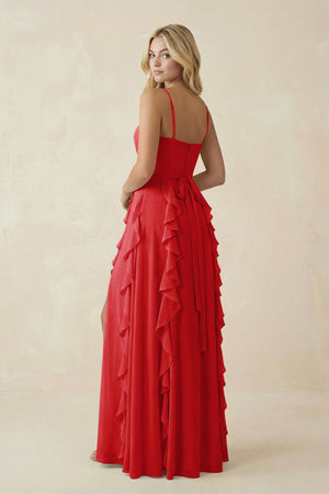 Tiered Ruffle A - Line Chiffon Bridesmaid Dress in Ruby Red - KissProm Bridesmaid Dresses