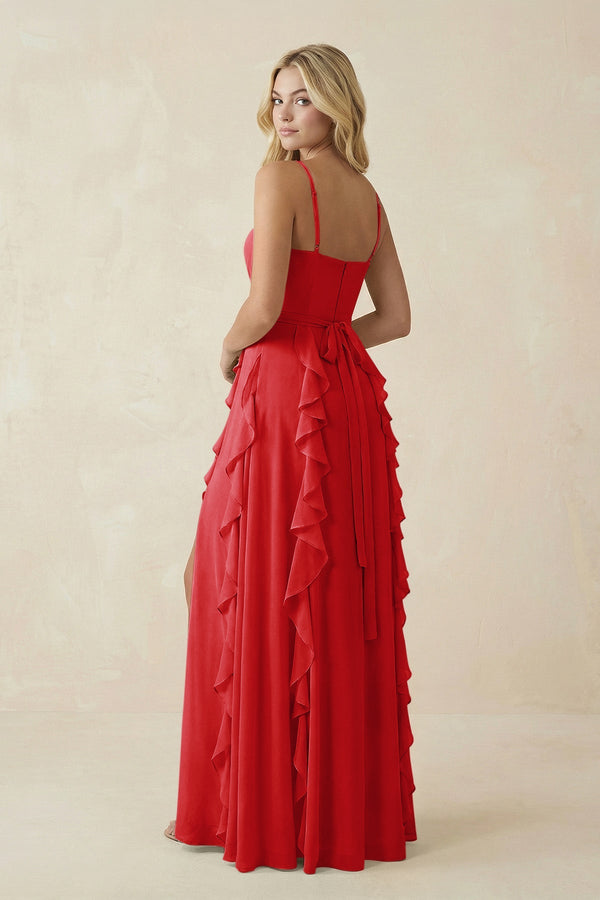 Tiered Ruffle A - Line Chiffon Bridesmaid Dress in Ruby Red - KissProm Bridesmaid Dresses