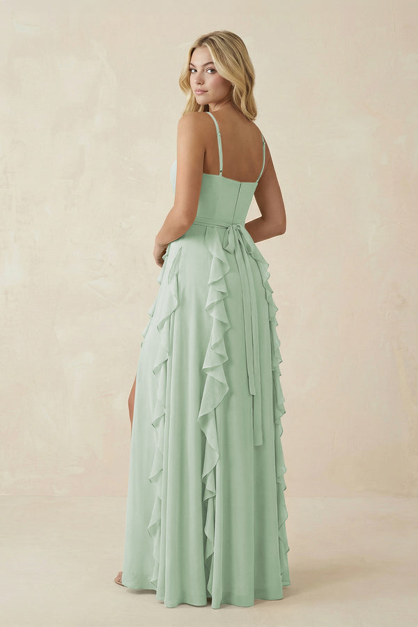 Tiered Ruffle A - Line Chiffon Bridesmaid Dress in Sage - KissProm Bridesmaid Dresses
