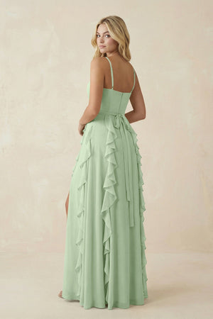 Tiered Ruffle A - Line Chiffon Bridesmaid Dress in Sage - KissProm Bridesmaid Dresses