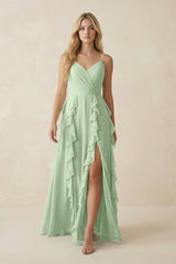 Tiered Ruffle A - Line Chiffon Bridesmaid Dress in Sage - KissProm Bridesmaid Dresses
