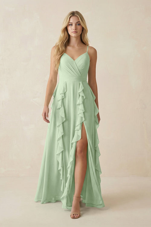 Tiered Ruffle A - Line Chiffon Bridesmaid Dress in Sage - KissProm Bridesmaid Dresses