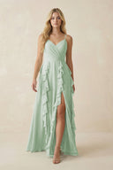Tiered Ruffle A - Line Chiffon Bridesmaid Dress in Sage - KissProm Bridesmaid Dresses