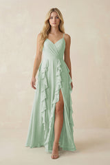 Tiered Ruffle A - Line Chiffon Bridesmaid Dress in Sage - KissProm Bridesmaid Dresses