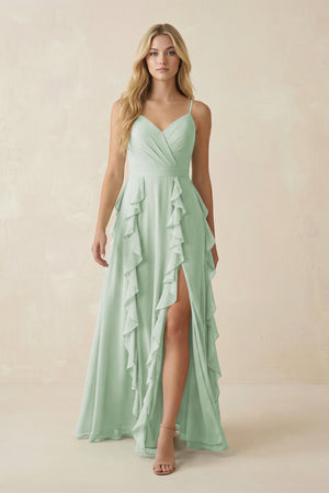 Tiered Ruffle A - Line Chiffon Bridesmaid Dress in Sage - KissProm Bridesmaid Dresses