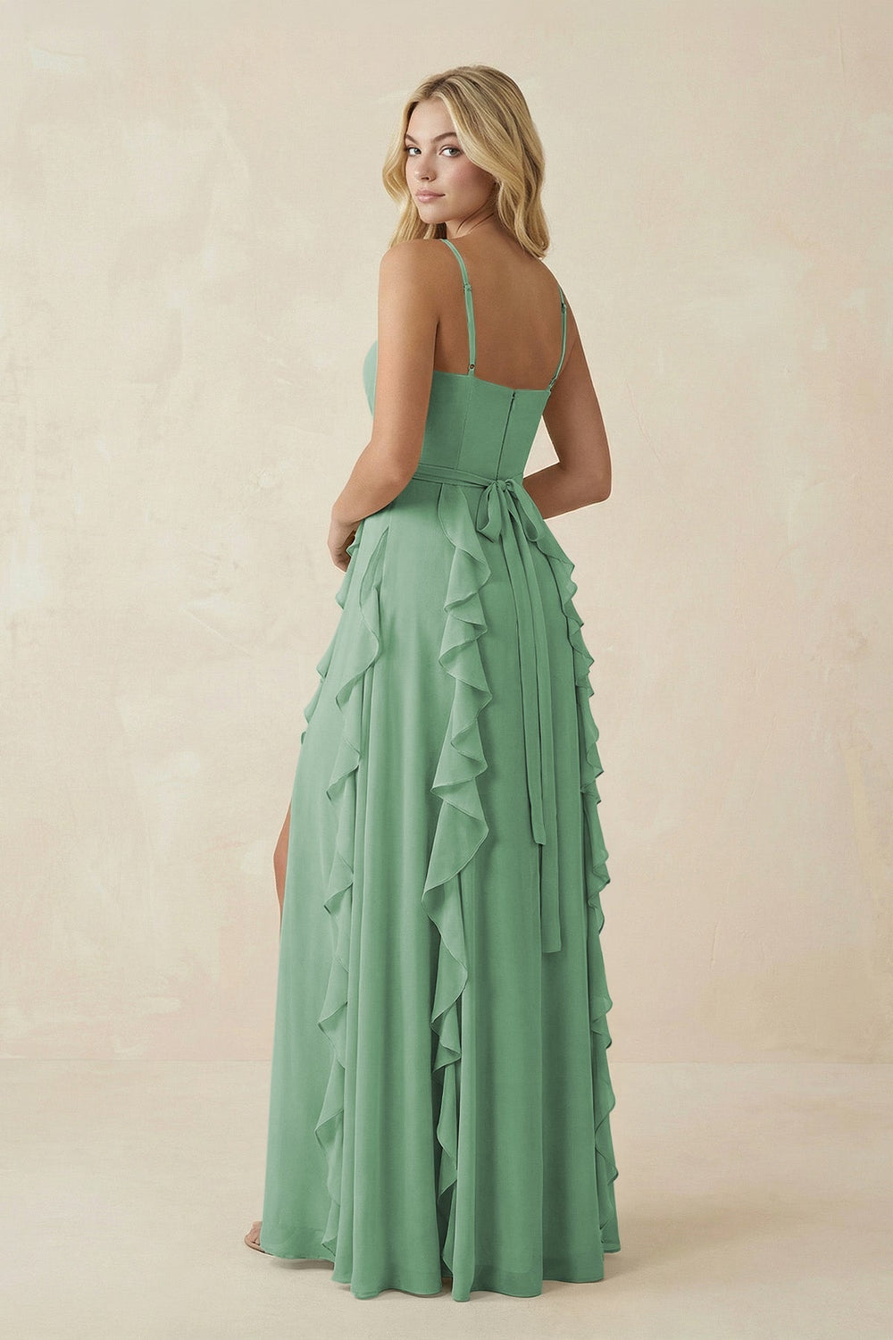 Tiered Ruffle A - Line Chiffon Bridesmaid Dress in Sea Glass - KissProm Bridesmaid Dresses