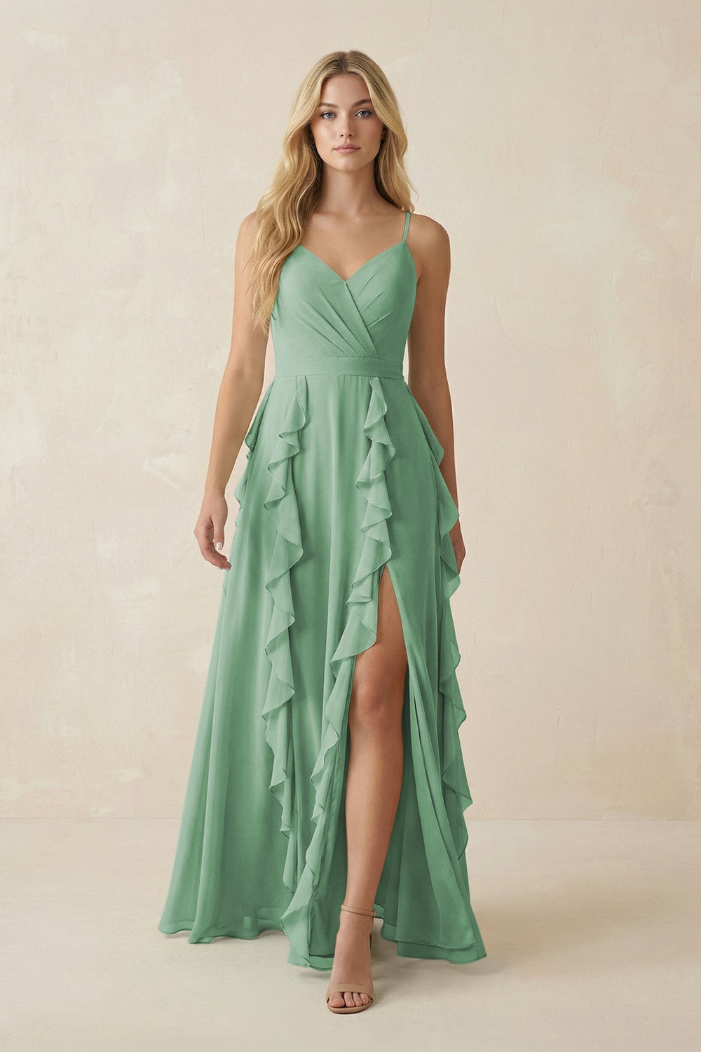 Tiered Ruffle A - Line Chiffon Bridesmaid Dress in Sea Glass - KissProm Bridesmaid Dresses