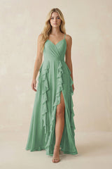 Tiered Ruffle A - Line Chiffon Bridesmaid Dress in Sea Glass - KissProm Bridesmaid Dresses