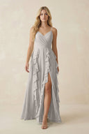 Tiered Ruffle A - Line Chiffon Bridesmaid Dress in Silver - KissProm Bridesmaid Dresses
