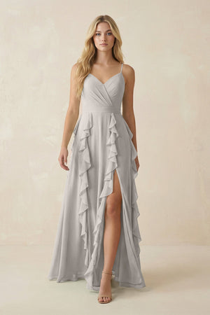 Tiered Ruffle A - Line Chiffon Bridesmaid Dress in Silver - KissProm Bridesmaid Dresses