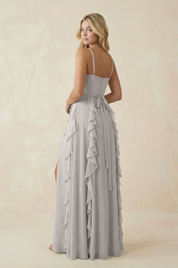 Tiered Ruffle A - Line Chiffon Bridesmaid Dress in Silver - KissProm Bridesmaid Dresses